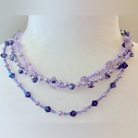 Purple Beaded Handmade Necklace Three Connected‎ Strands - Picture 1 of 6